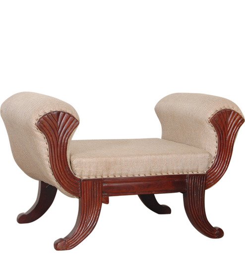 Handcrafted Upholstered Wooden Settee Bench with Curved Arms