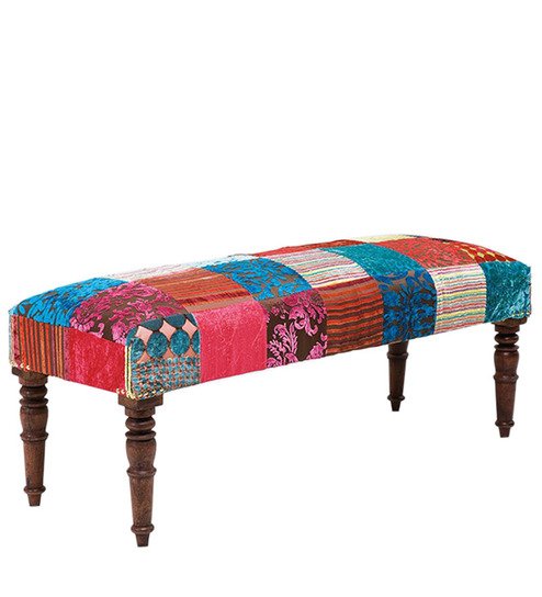 Handcrafted Patchwork Upholstered Bench with Turned Wooden Legs