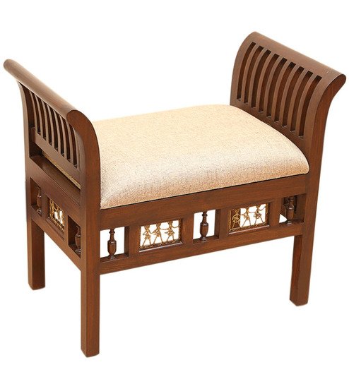 Handcrafted Wooden Seating Stool with Dhokra Work and Upholstered Seat