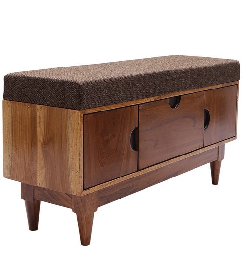 Handcrafted Wooden Storage Bench with Cushion Seat and Drawer